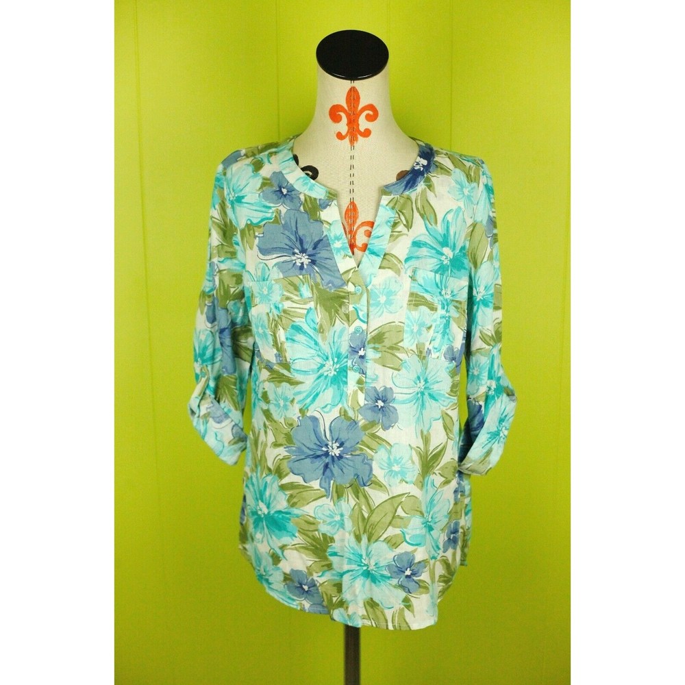 Ecco Bay Sz M Womens Linen/Rayon Tunic Shirt V-neck Roll Tab Pockets Floral EUC